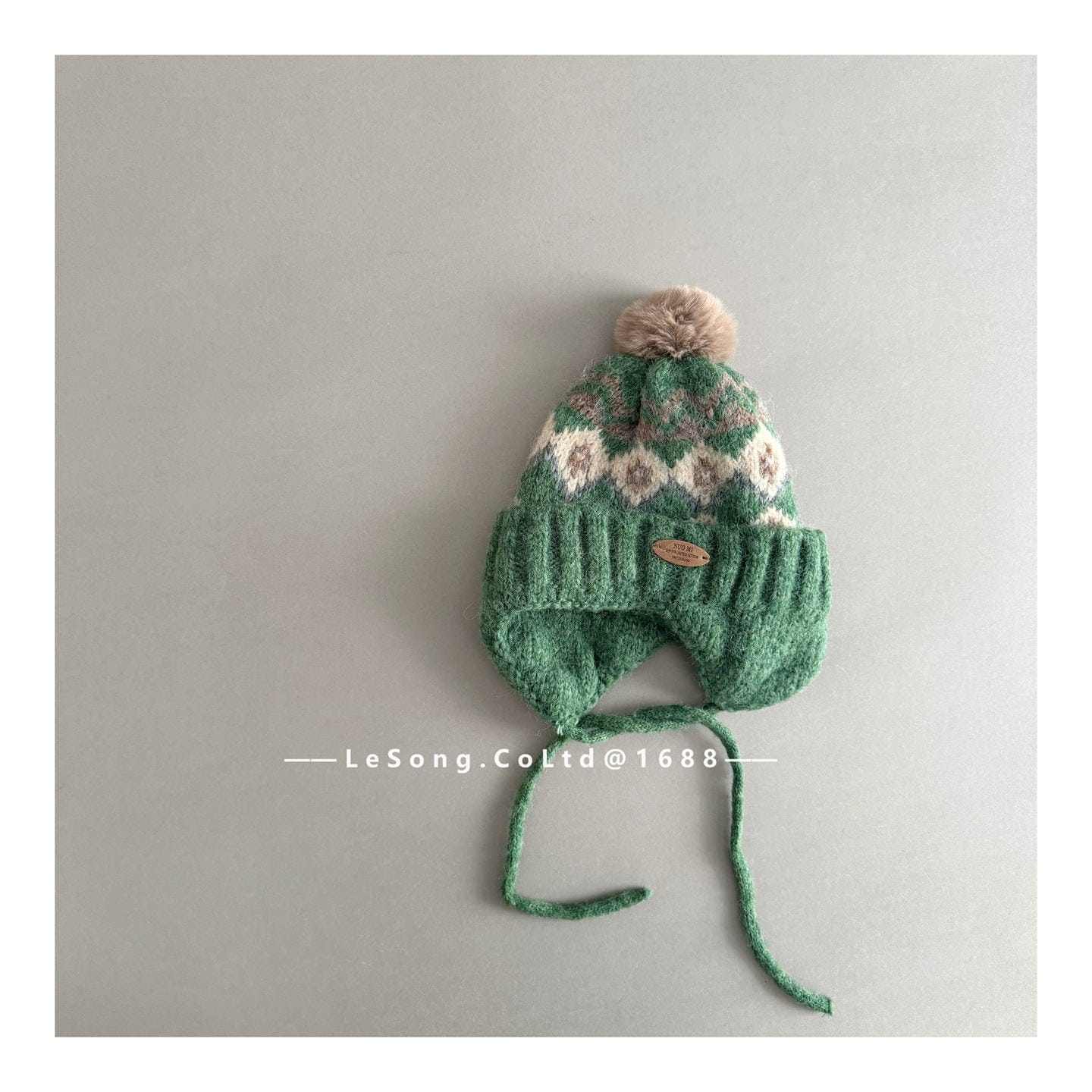 ベビー用帽子 Green / One Size キッズ ニット帽 ノルディック柄 耳当て付き ボンボン 韓国風【mh0011593】