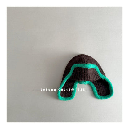 ベビー用帽子 Green / One Size ジュニア ニット帽 バイカラーイピング 耳当て付き ビーニー 韓国風【mh0011594】