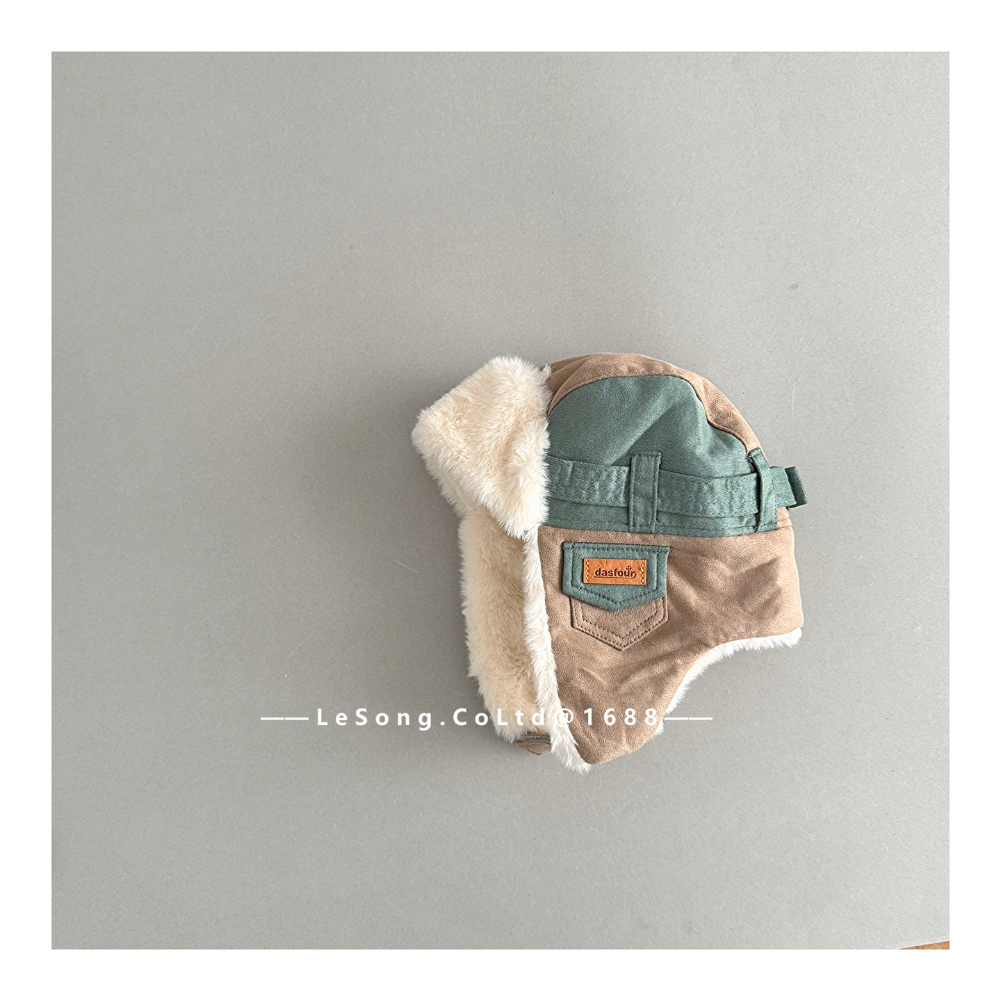 ベビー用帽子 Green / One Size キッズ帽子 裏ファーフリース ベルトデザイン 耳当て付き フライトキャップ【mh0011840】