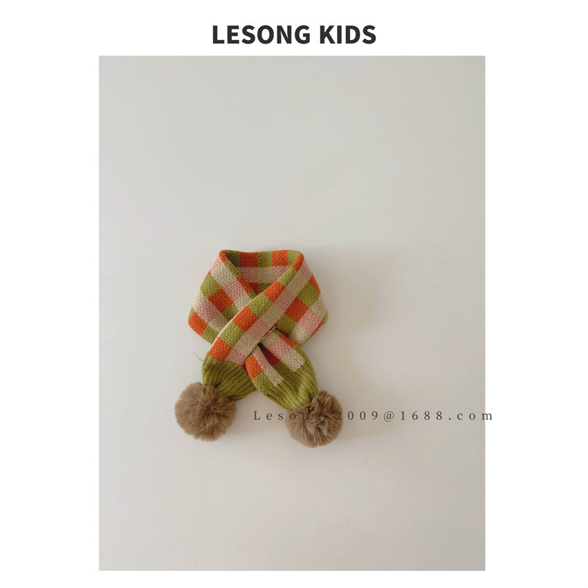 ネックウォーマー Green / One Size キッズマフラー カラフル ブロックチェック ぽんぽん ネックウォーマー【mh0011843】