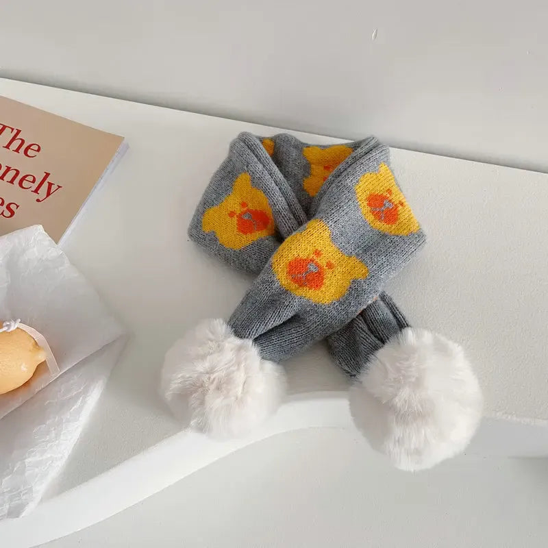 ネックウォーマー grey / One Size キッズ くま ぽんぽん付き マフラー【mh0000371】