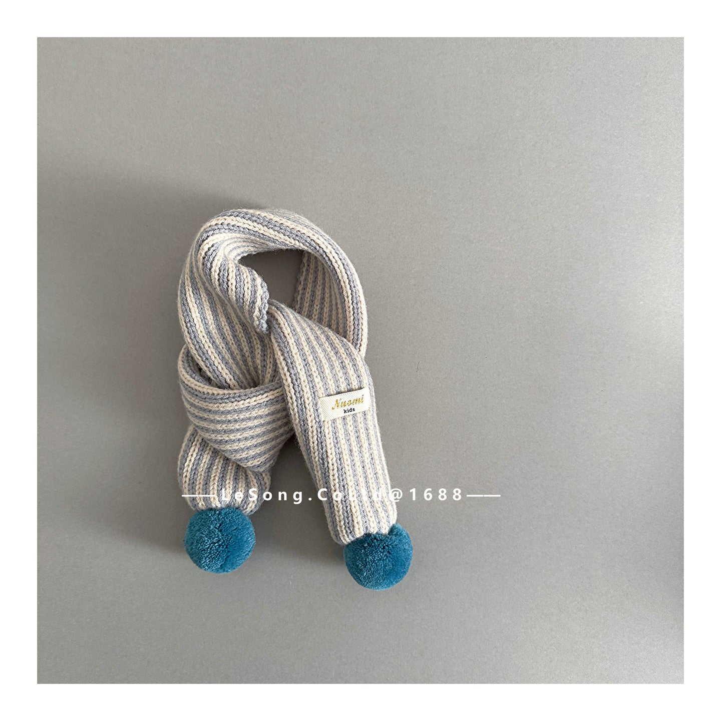 ネックウォーマー Grey / One Size キッズマフラー ニット ストライプ ぽんぽん ネックウィーマー【mh0011801】