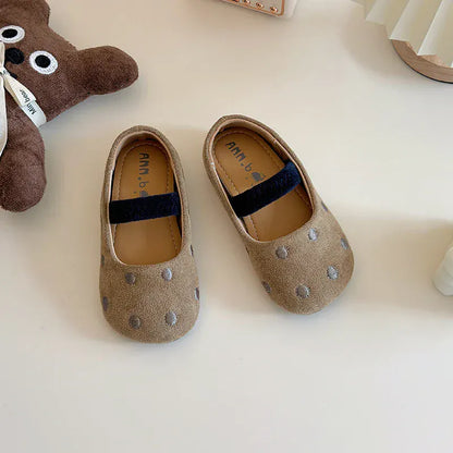 ベビー用靴 Khaki / 23 (Inner14.0cm) キッズシューズ 靴 水玉ポルカドット刺繍ストラップフラットバレエシューズ【mh0007697】