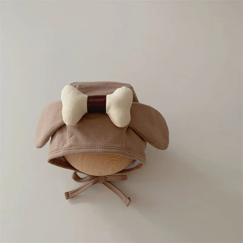 ベビー用帽子 khaki / 35-45cm (3-16m) ベビー帽子 耳付きボンネット リボン 犬 パピー コスチューム