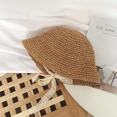 ベビー用帽子 Khaki / 52cm ベビーキッズ帽子 麦わら帽子 バケットハット サマーハット レース 3カラー【mh0005045】