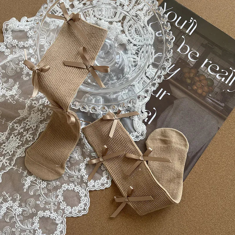 ベビー用靴下・タイツ Khaki / free 1-13year キッズソックス リボンハイソックス【mh0007562】