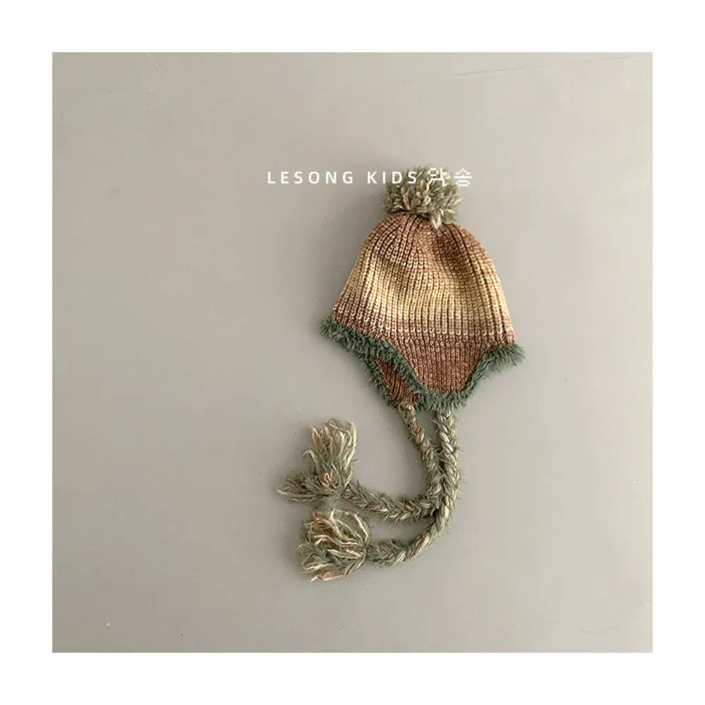 ベビー用帽子 Khaki / Free size 48-53cm キッズ帽子 ボーダーぽんぽん耳付きニットキャップニット帽【mh0007582】