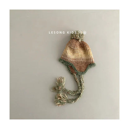 ベビー用帽子 Khaki / Free size 48-53cm キッズ帽子 ボーダーぽんぽん耳付きニットキャップニット帽【mh0007582】