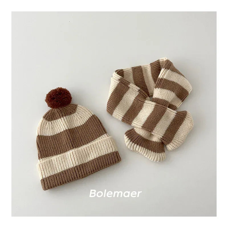 ネックウォーマー Khaki / One Size / 取り寄せ（10〜35日） キッズマフラー+帽子セット ボーダーニットネックウォーマー+お揃いニット帽ニットキャップ【mh0007581】