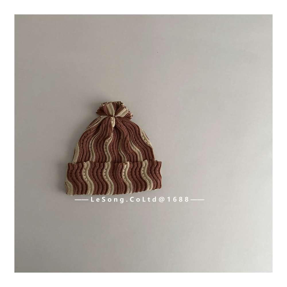 ベビー用帽子 Khaki / One Size キッズ ニット帽 ウェーブ柄 ビーニー 韓国風 ニュアンスカラー【mh0011590】