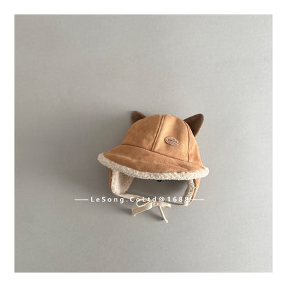 ベビー用帽子 Khaki / One Size ベビー帽子 耳付き ねこ耳 スエード調 フリース 防寒 つば付き【mh0011595】