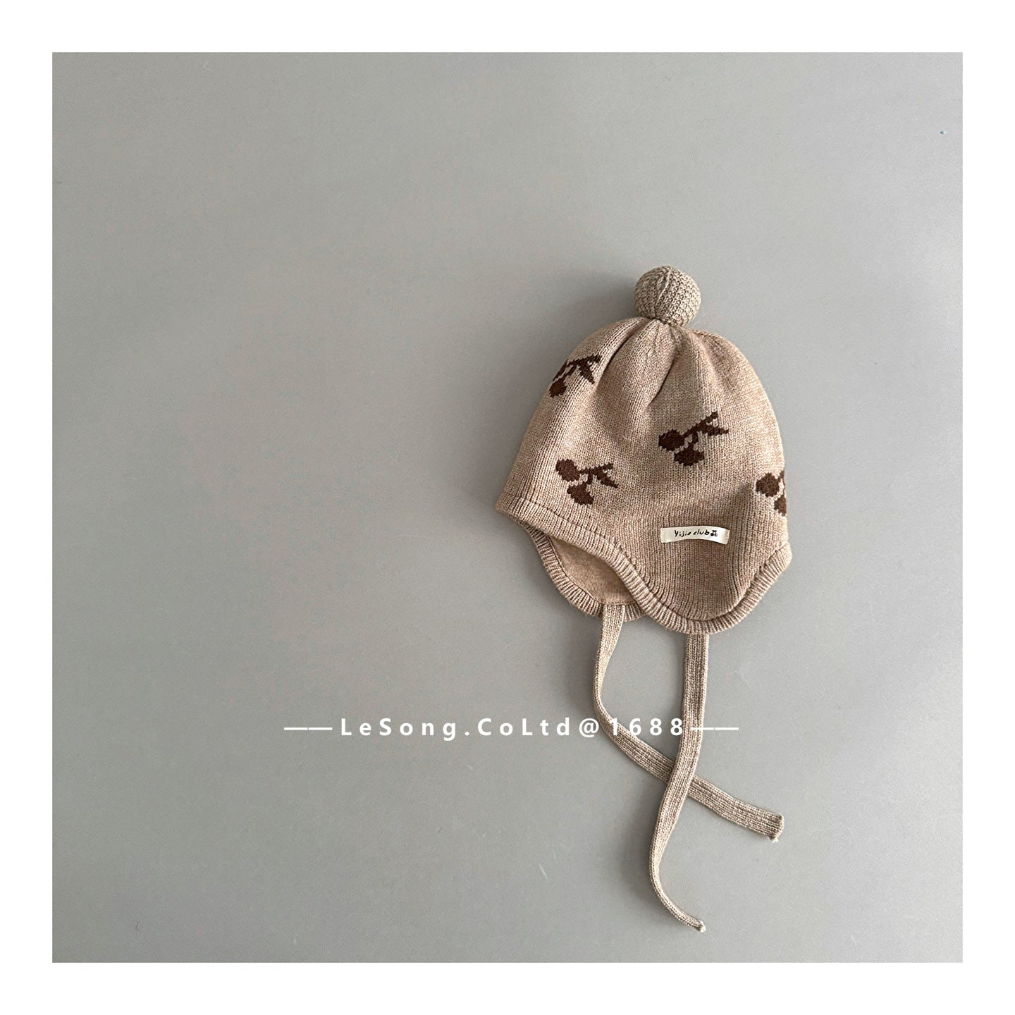 ベビー用帽子 Khaki / One Size ベビー帽子 チェリー/ムーン月 ニット 耳当て付き ニットキャップ【mh0011829】