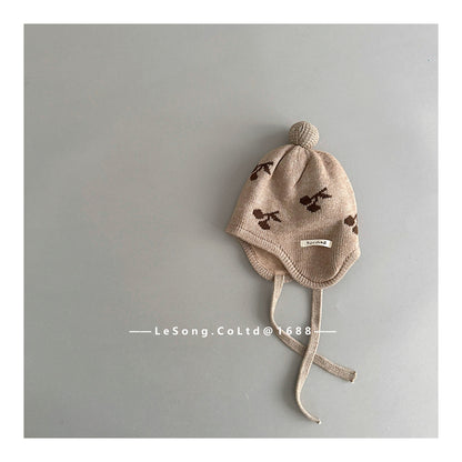ベビー用帽子 Khaki / One Size ベビー帽子 チェリー/ムーン月 ニット 耳当て付き ニットキャップ【mh0011829】