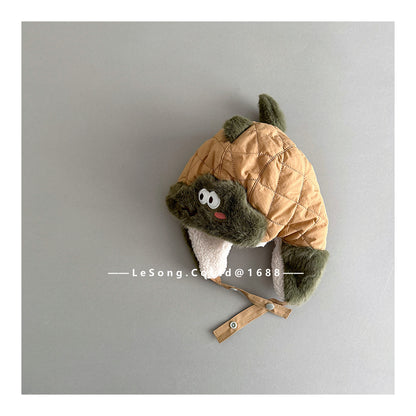 ベビー用帽子 Khaki / One Size ベビー帽子 パンダ/うさぎ/恐竜アップリケ キルト 耳当て付き フライトハット【mh0011831】