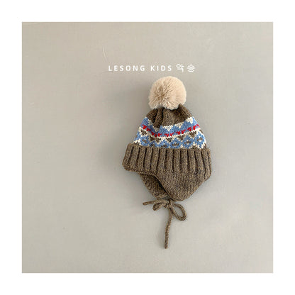 ベビー用帽子 Khaki / One Size キッズ帽子 ニット トライバル ぽんぽん 耳当て付き ニットキャップ【mh0011839】