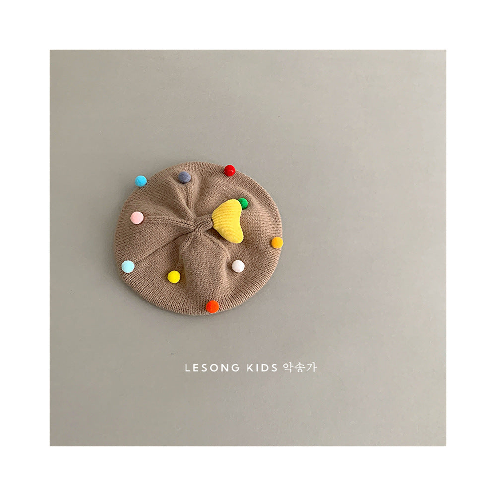 ベビー用帽子 Khaki / One Size ベビー帽子 カラフルぽんぽん ハート ニット ベレー帽【mh0011842】