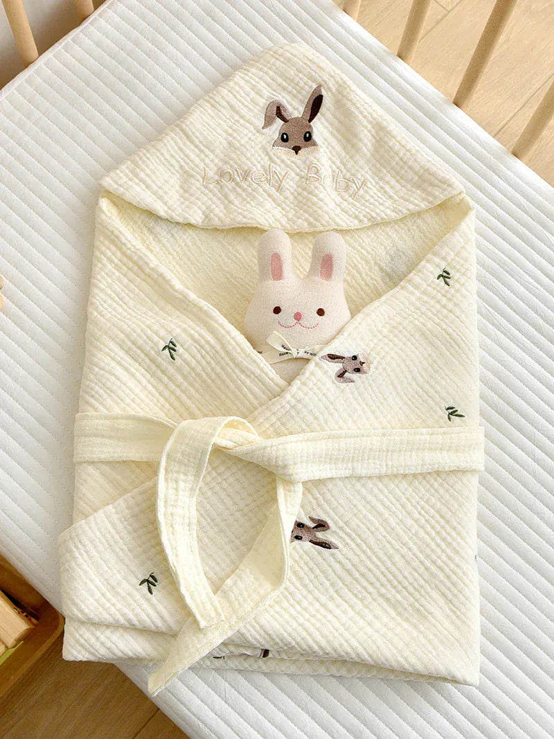 ベビーブランケット・タオル leaf bunny / 90X90cm ベビーブランケット おくるみ スワドル ベアくま うさぎバニー 刺繍