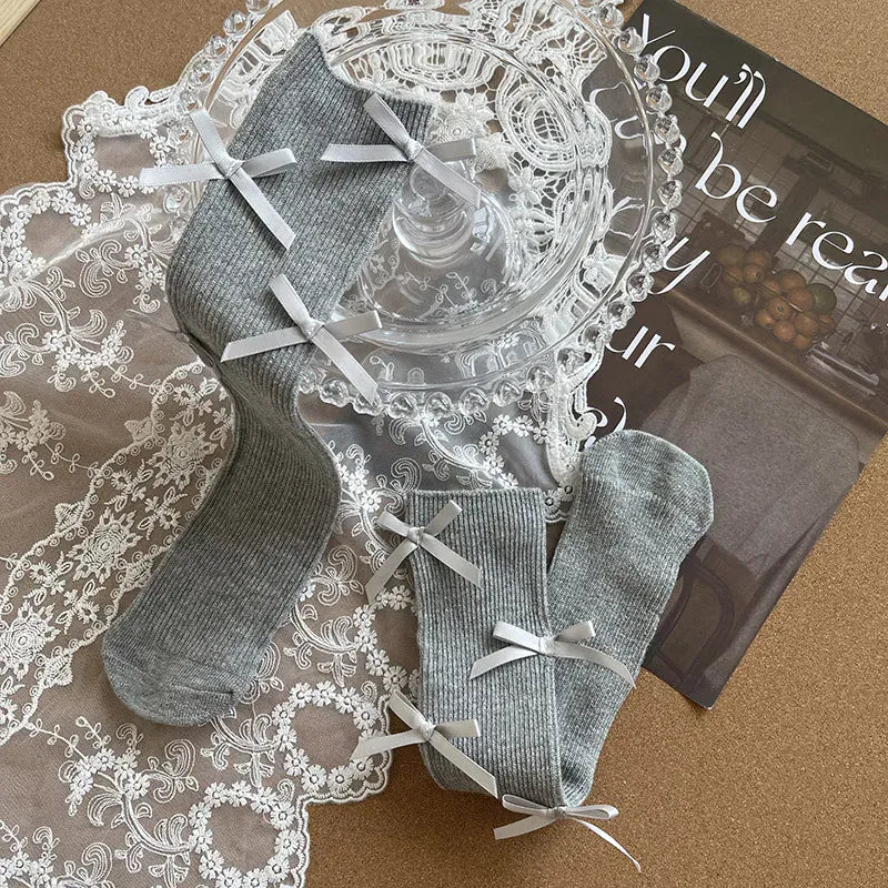 ベビー用靴下・タイツ Light Grey / free 1-13year キッズソックス リボンハイソックス【mh0007562】