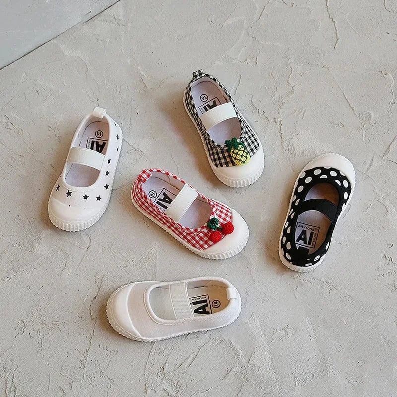 ベビー用靴 ベビー キッズ みずたま チェック さくらんぼ あひる スマイル キャンバス バレエ シューズ 上履き【mh0003509】