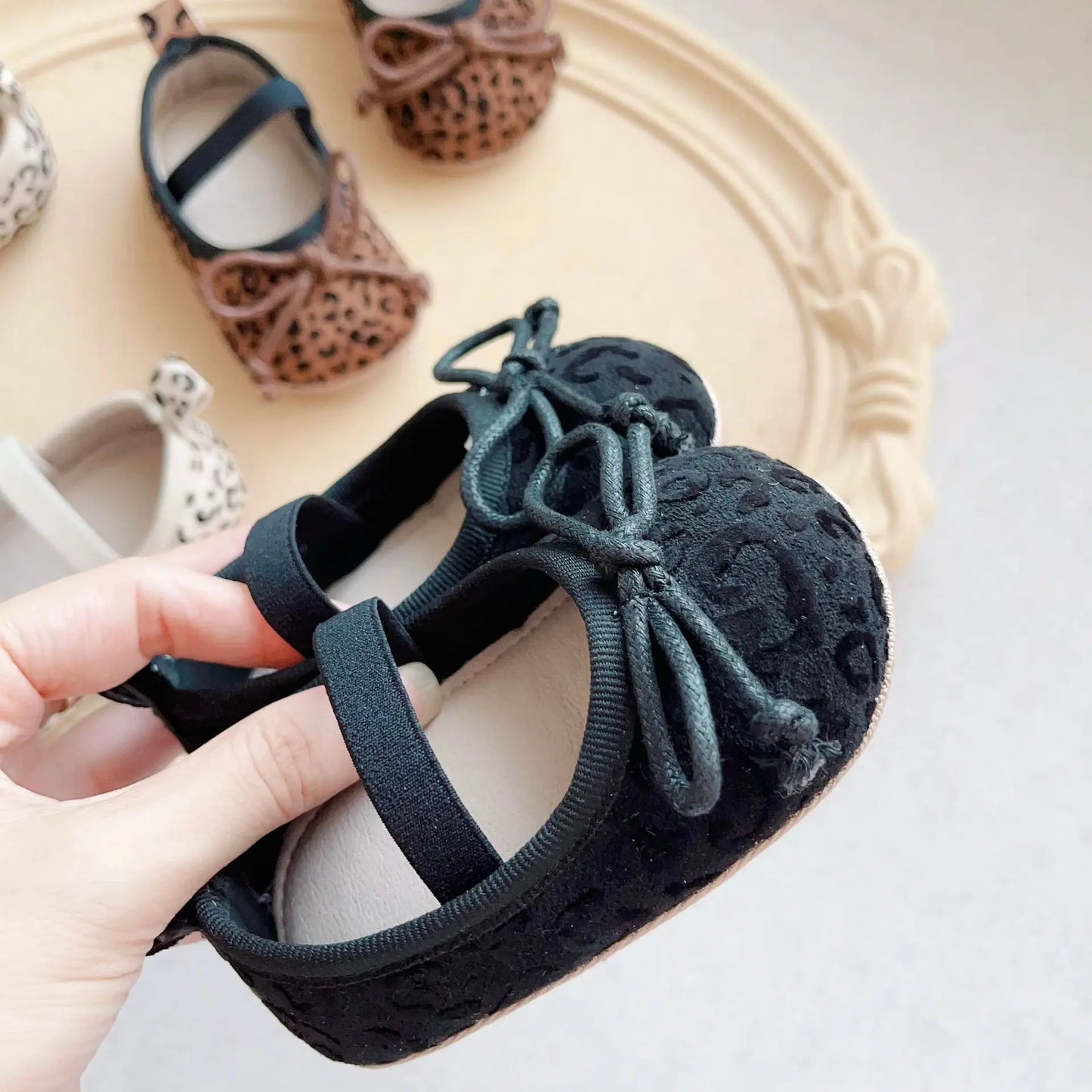 ベビー用靴 ベビーシューズ レオパードリボンフラットバレエシューズ ファーストシューズ 靴【mh0007194】