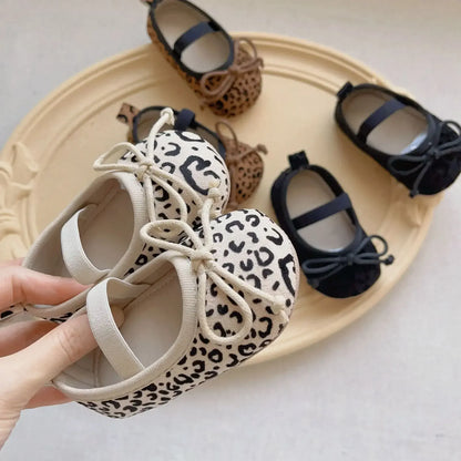 ベビー用靴 ベビーシューズ レオパードリボンフラットバレエシューズ ファーストシューズ 靴【mh0007194】