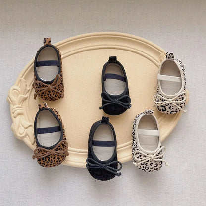 ベビー用靴 ベビーシューズ レオパードリボンフラットバレエシューズ ファーストシューズ 靴【mh0007194】