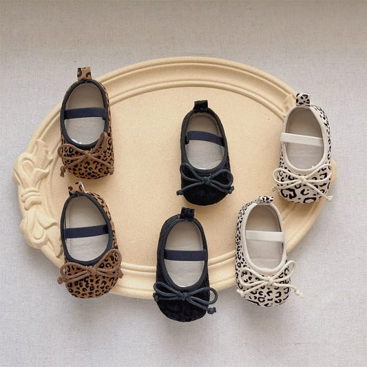 ベビー用靴 ベビーシューズ レオパードリボンフラットバレエシューズ ファーストシューズ 靴【mh0007194】