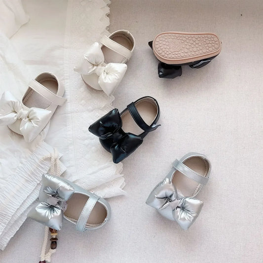 ベビー用靴 ベビーシューズ パフリボンストラップフラットバレエシューズ ファーストシューズ 靴【mh0007195】