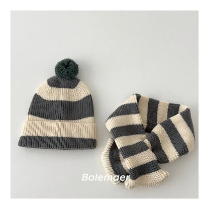 ネックウォーマー キッズマフラー+帽子セット ボーダーニットネックウォーマー+お揃いニット帽ニットキャップ【mh0007581】