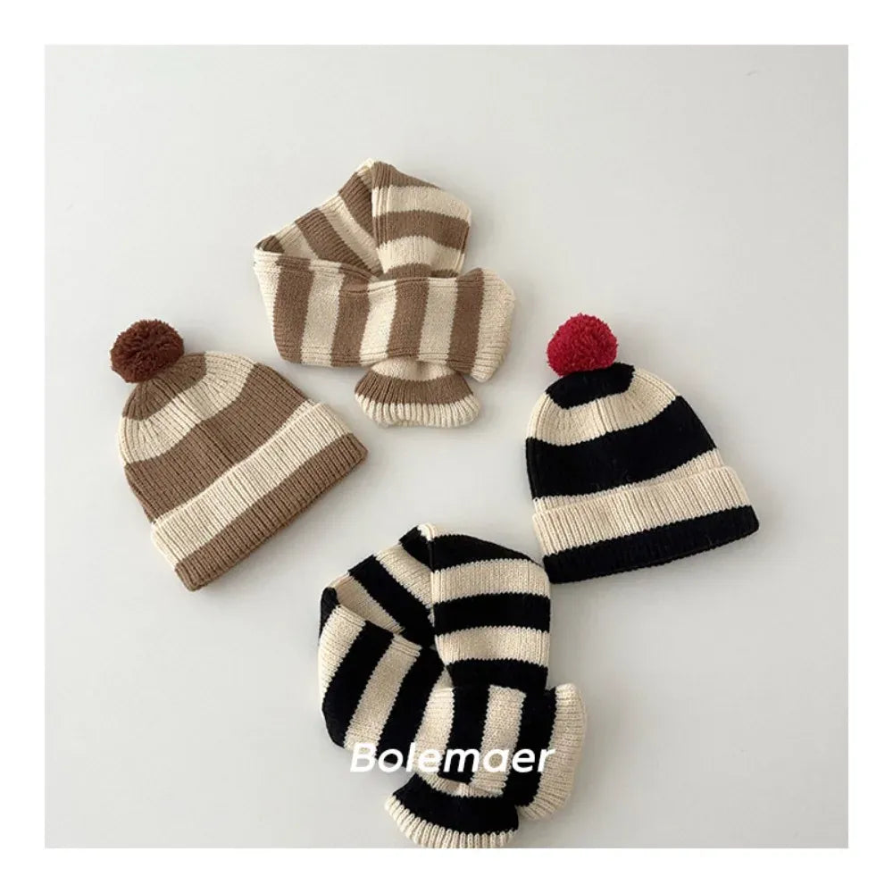 ネックウォーマー キッズマフラー+帽子セット ボーダーニットネックウォーマー+お揃いニット帽ニットキャップ【mh0007581】
