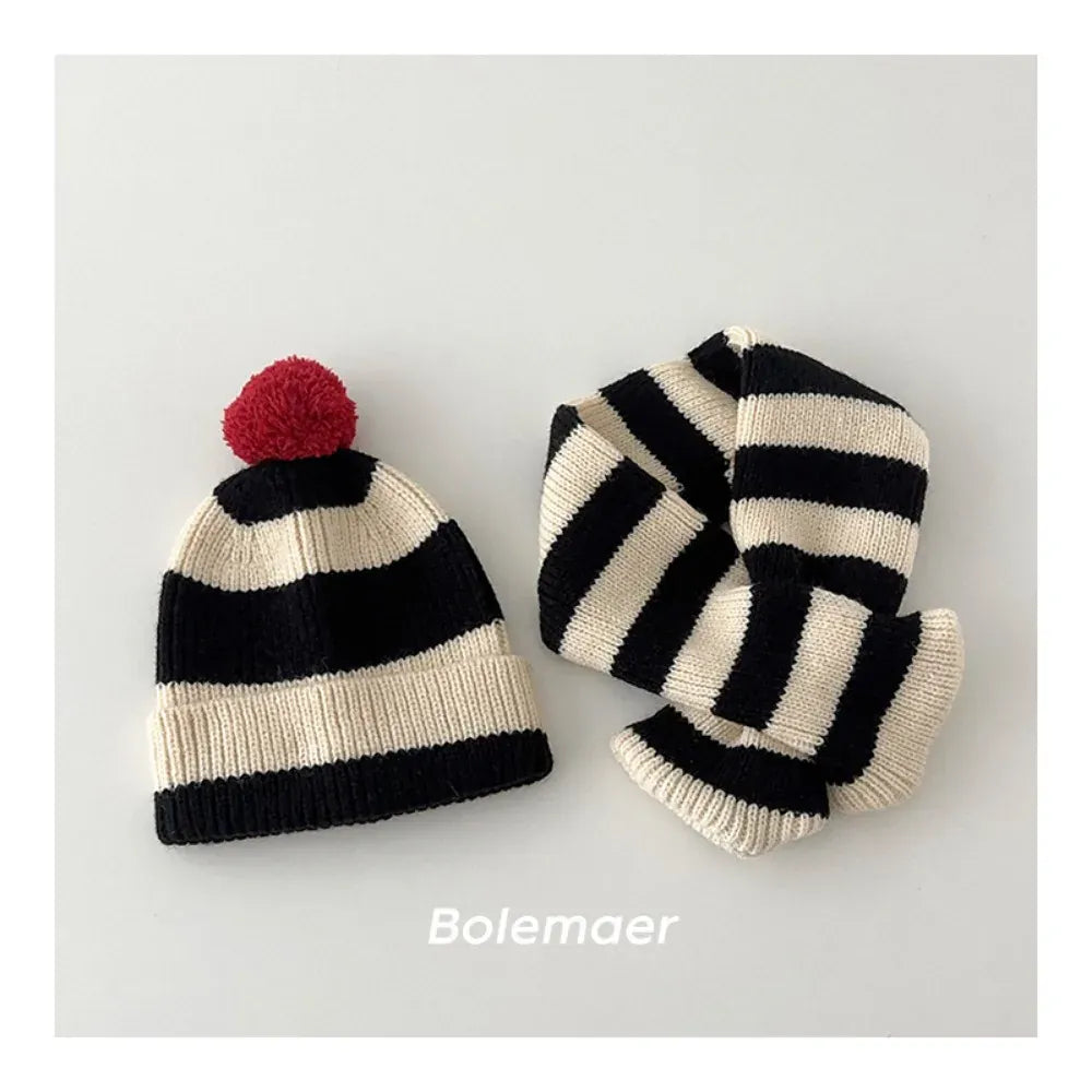 ネックウォーマー キッズマフラー+帽子セット ボーダーニットネックウォーマー+お揃いニット帽ニットキャップ【mh0007581】