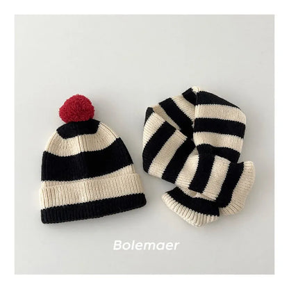 ネックウォーマー キッズマフラー+帽子セット ボーダーニットネックウォーマー+お揃いニット帽ニットキャップ【mh0007581】