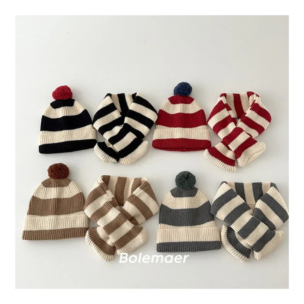 ネックウォーマー キッズマフラー+帽子セット ボーダーニットネックウォーマー+お揃いニット帽ニットキャップ【mh0007581】