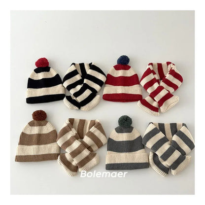 ネックウォーマー キッズマフラー+帽子セット ボーダーニットネックウォーマー+お揃いニット帽ニットキャップ【mh0007581】