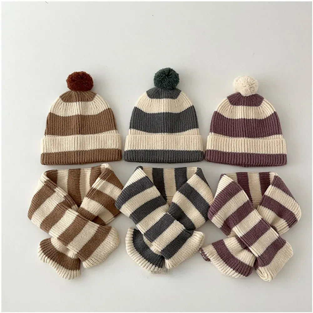 ネックウォーマー キッズマフラー+帽子セット ボーダーニットネックウォーマー+お揃いニット帽ニットキャップ【mh0007581】