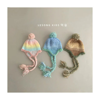 ベビー用帽子 キッズ帽子 ボーダーぽんぽん耳付きニットキャップニット帽【mh0007582】