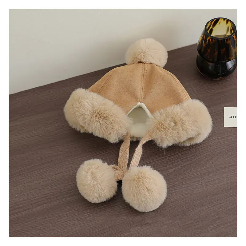 ベビー用帽子 キッズ帽子 フェイクムートンポンポン付きファーフリースキャップ【mh0007908】