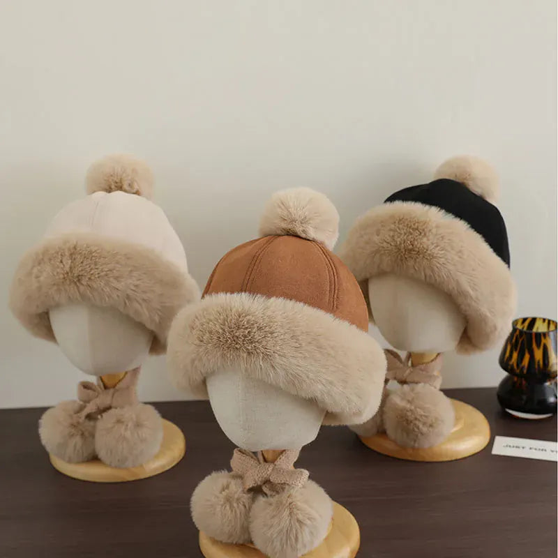 ベビー用帽子 キッズ帽子 フェイクムートンポンポン付きファーフリースキャップ【mh0007908】