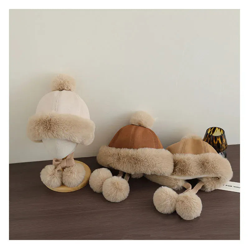 ベビー用帽子 キッズ帽子 フェイクムートンポンポン付きファーフリースキャップ【mh0007908】