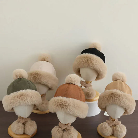 ベビー用帽子 キッズ帽子 フェイクムートンポンポン付きファーフリースキャップ【mh0007908】