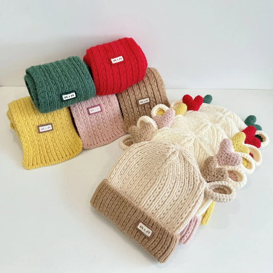 ベビー用帽子 キッズ帽子+マフラー エルク耳付きニットキャップニット帽+お揃いマフラー【mh0008101】