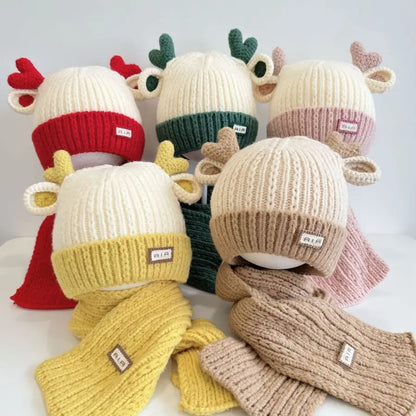 ベビー用帽子 キッズ帽子+マフラー エルク耳付きニットキャップニット帽+お揃いマフラー【mh0008101】