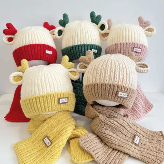 ベビー用帽子 キッズ帽子+マフラー エルク耳付きニットキャップニット帽+お揃いマフラー【mh0008101】