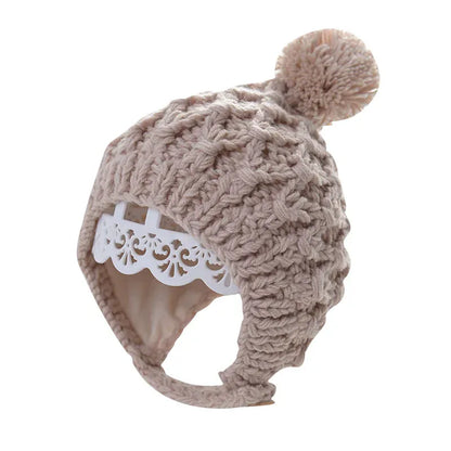 ベビー用帽子 ベビー帽子 ポンポン付き耳当て付きニットキャップ【mh0008189】