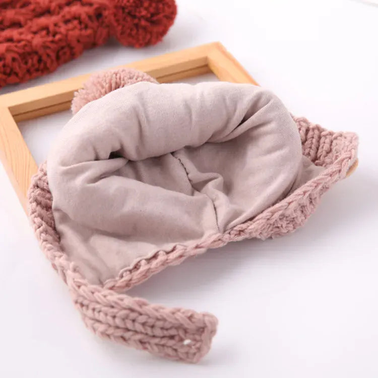 ベビー用帽子 ベビー帽子 ポンポン付き耳当て付きニットキャップ【mh0008189】