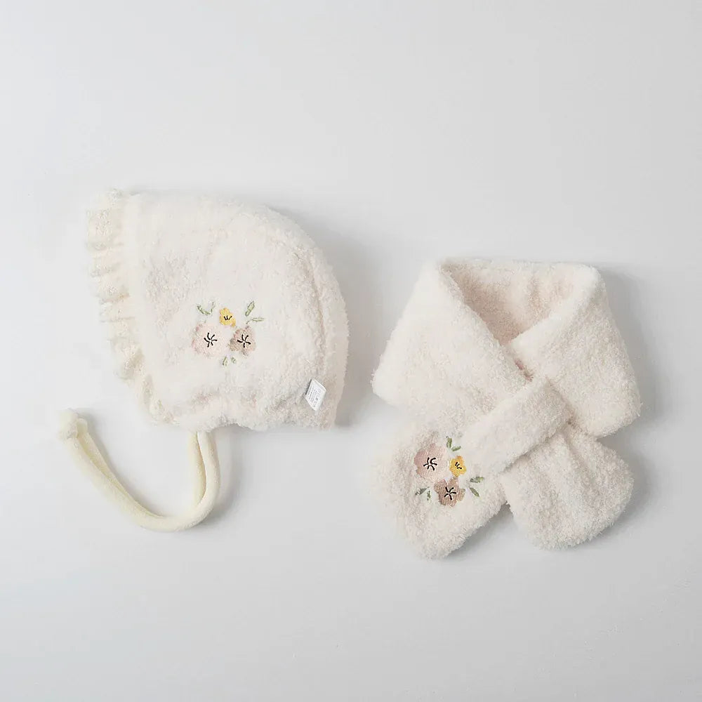 ベビー用帽子 ベビー帽子/マフラー フラワー刺繍ボアフリースボンネット/ネックウォーマーマフラー【mh0008632】