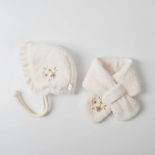 ベビー用帽子 ベビー帽子/マフラー フラワー刺繍ボアフリースボンネット/ネックウォーマーマフラー【mh0008632】