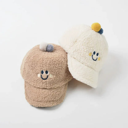 ベビー用帽子 ベビーキッズ帽子 スマイルフェイス刺繍ボアフリース野球帽キャップ【mh0008634】