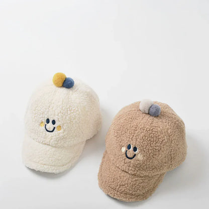 ベビー用帽子 ベビーキッズ帽子 スマイルフェイス刺繍ボアフリース野球帽キャップ【mh0008634】