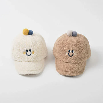 ベビー用帽子 ベビーキッズ帽子 スマイルフェイス刺繍ボアフリース野球帽キャップ【mh0008634】